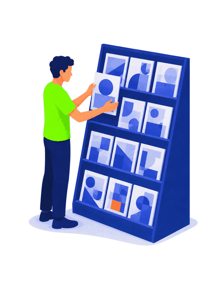 A designer filing one printed piece into an archive rack where every slot holds a different composition