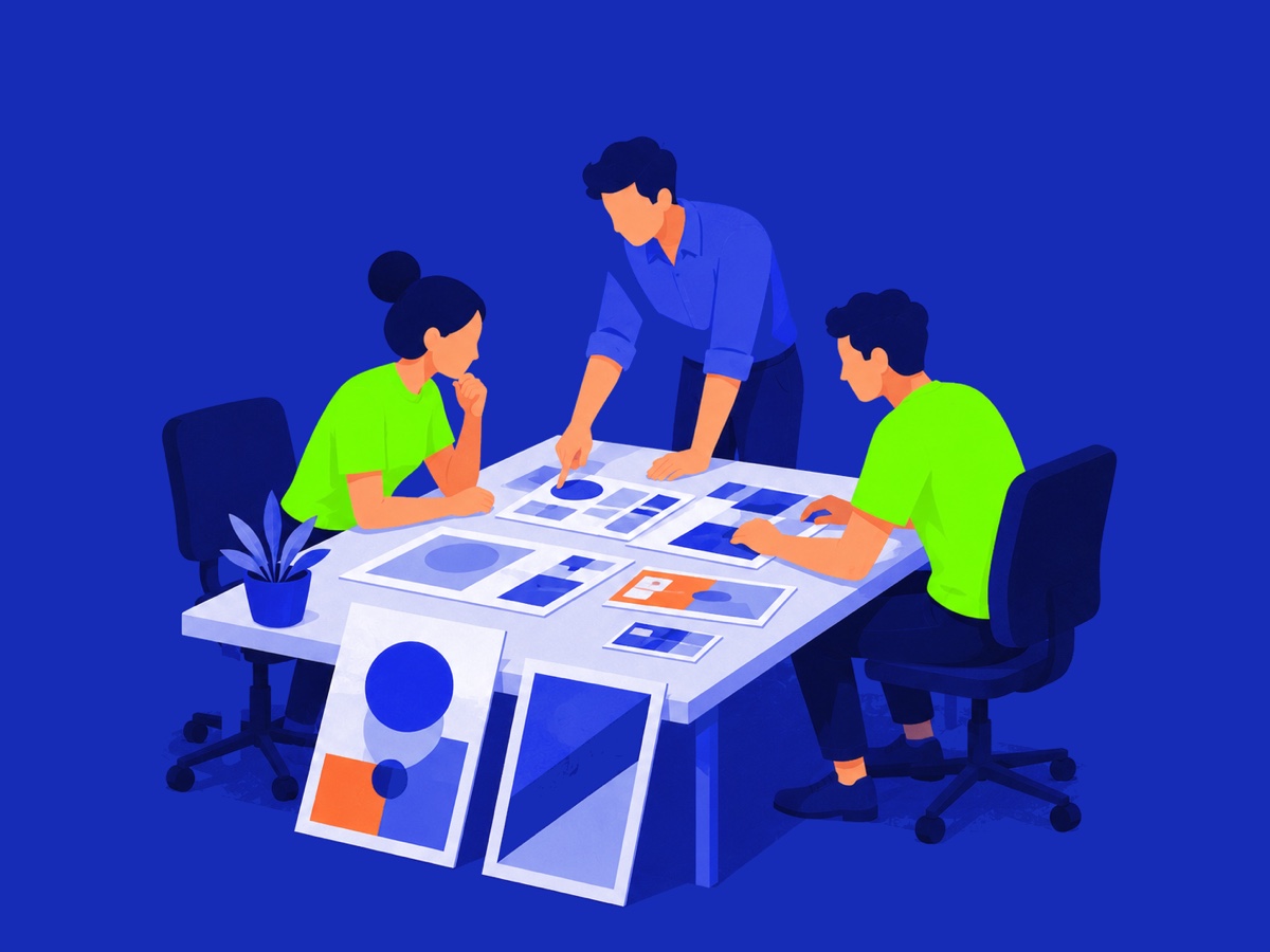 The three founders reviewing printed pieces around a table